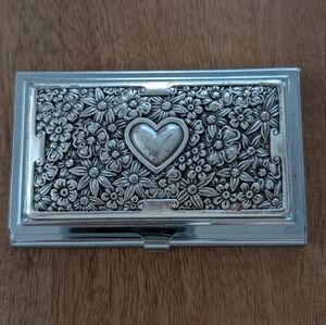 Vtg Brighton Business Card Holder Field of Hearts Flowers Floral Mirror Compact